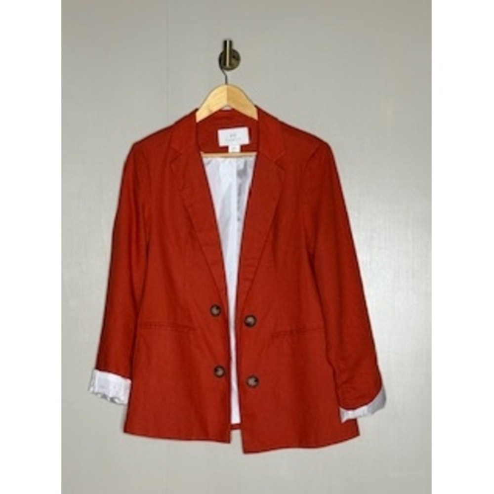 Halston Orange Linen Blend Blazer Tailored Light Shoulder Pads Medium - Picture 2 of 7
